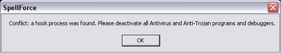 Conflict: a Hook process was found. Please deactivate all Antivirus and Anti-Trojan programs and debuggers 