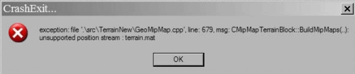 Podczas ładowania etapu pojawia się komunikat "Exeption :file:\Src\TerrainNew\GeoMipMap.cpp; ...", gra wyłącza się.